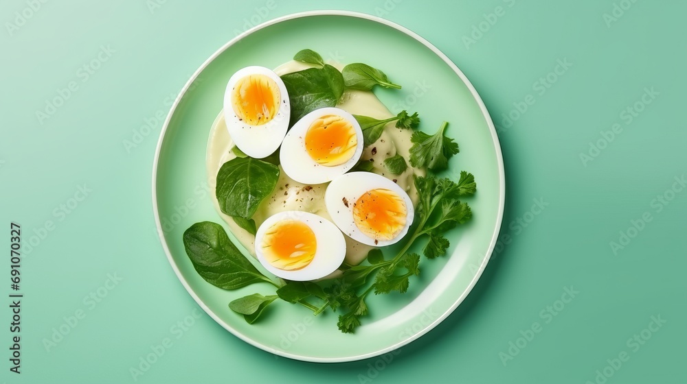 Boiled eggs with fresh herbs in a plate on the table. Boiled eggs with fresh herbs in a plate on the table.