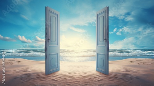 Open door with access to the beach from desert. Travel concept.