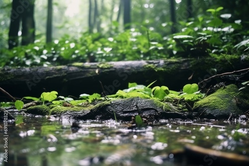 A below angle view of a rainy forest, mossy trees and stones, grass and leaves, wet ground and pond, misty and foggy background, AI Generated.