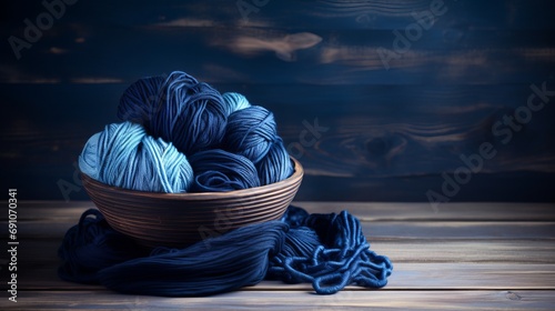 a bowl of yarn on a table photo