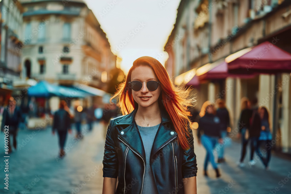 Fototapeta premium stylish young woman with red hair, wearing sunglasses and a black leather jacket, strolls on a lively urban street
