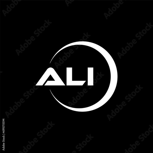 ALI letter logo design with black background in illustrator, cube logo, vector logo, modern alphabet font overlap style. calligraphy designs for logo, Poster, Invitation, etc. photo