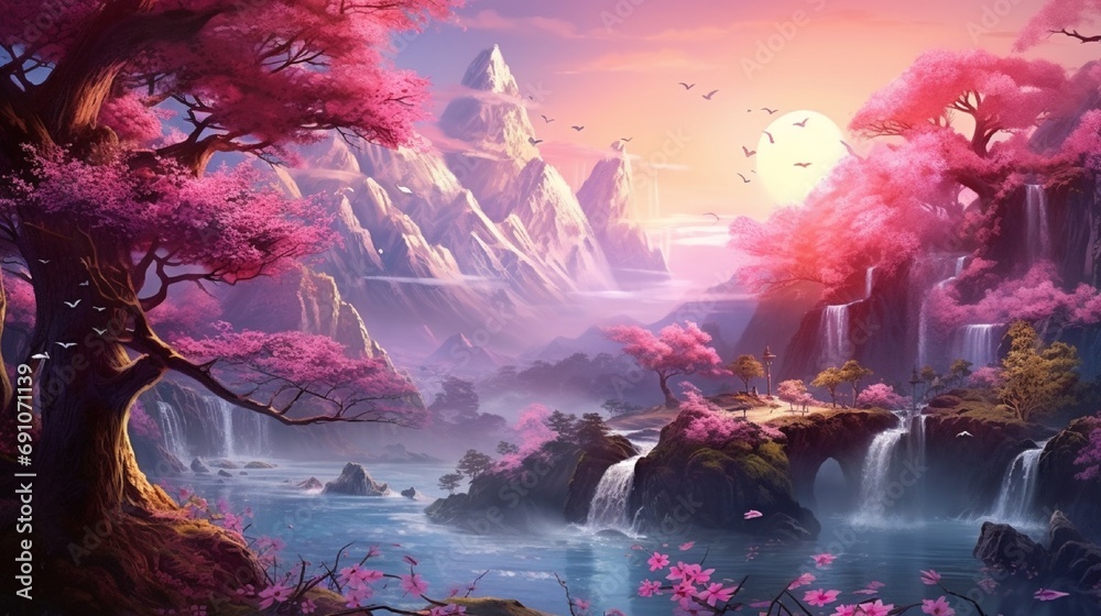 Oriental background, digital art. Illustration of a dawn mountain fantastic landscape with waterfalls and blooming sakura