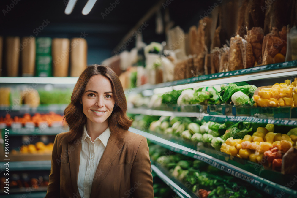  young adult woman in organic supermarket, small specialty shop with alternative medicine or organic food