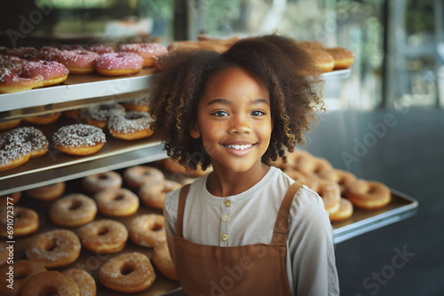Young child with curly hair in front of brown donuts  smiling and curious  joyful exploration in a bakery or shop