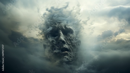 A spirit face made of smokes and powder, foggy misty scene, abstract painting of a ghost, horror style skull face, dust and steam, devil, souls in purgatory, generated by AI.