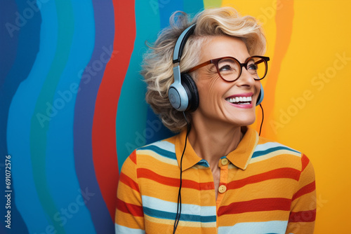 Matured funny woman with wrinkles in her face wearing a colorful headset and sunglasses isolate in abstract background, smiling happy senior woman wearing colorful fancy cloths close up portrait photo photo