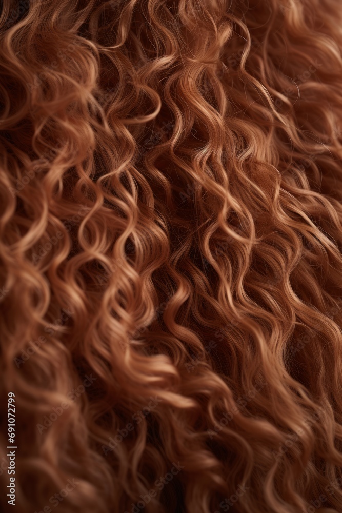 A close up texture of coily woven curly hair, red brown color hairs, female hairstyle, hair pattern, soft cute hair model salon, generated by AI.