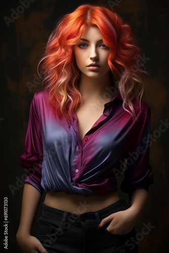 Beautiful model girl standing in a dark place wearing colorful decollete shirt that stomach and belly shows and a black pants, colored long hair, hand inside pocket, generated by AI.