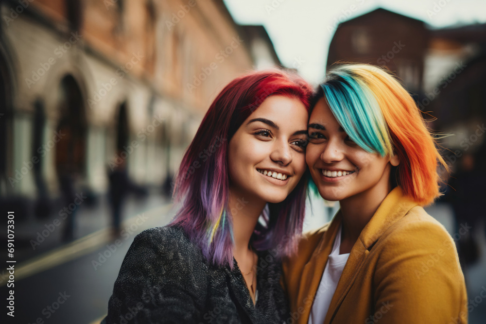 Young Women with Colorful Hair Enjoying Each Other's Company Young Women with Colorful Hair Enjoying Each Other's Company