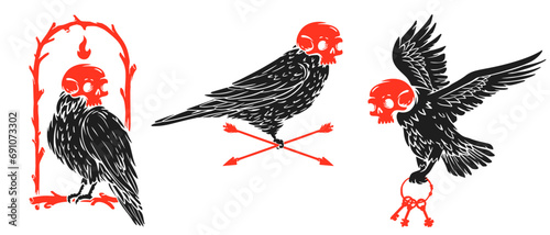 Set bird silhouette with skull human on head. Color concept design for print, tattoo. Vector illustration in vintage style. Cartoon art composition.
