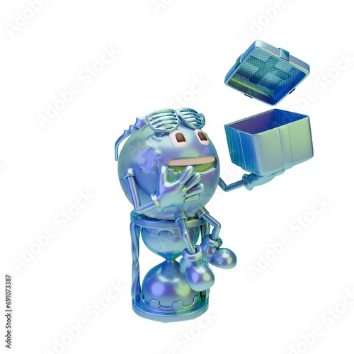3d earth character looking into opened present