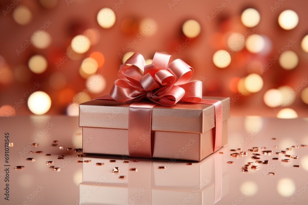 Gift box with peach color ribbon and bow on festive background with lights and Christmas atmosphere. Color of the year concept, peach fuzz color. Gift box with peach color ribbon and bow on festive background with lights and Christmas atmosphere. Color of the year concept, peach fuzz color.