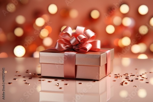 Gift box with peach color ribbon and bow on festive background with lights and Christmas atmosphere. Color of the year concept, peach fuzz color. 