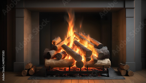 home fireplace with a crackling fire: wood and flames, generative AI