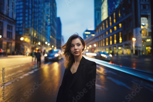 Young, confident woman stands in a busy city street, amidst a bustling urban scene