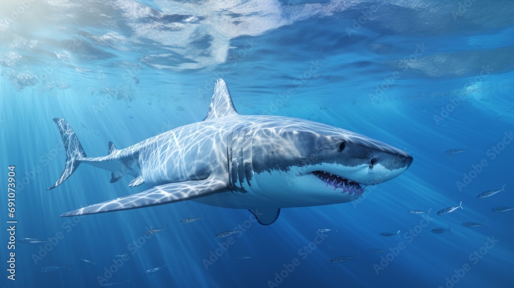 Fototapeta premium white shark under the water surface in the sea, swimming past, smaller fish in the background