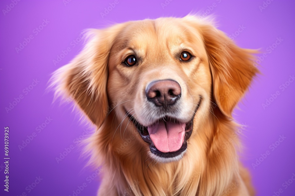 A close-up portrait of a golden retriever puppy on a purple background A close-up portrait of a golden retriever puppy on a purple background
