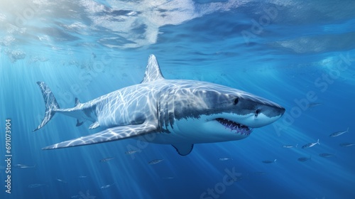 white shark under the water surface in the sea, swimming past, smaller fish in the background