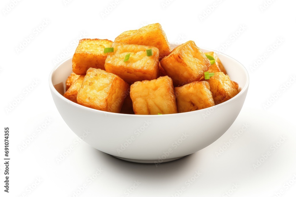 Bowl of crunchy fried tofu isolated on a white background Bowl of crunchy fried tofu isolated on a white background