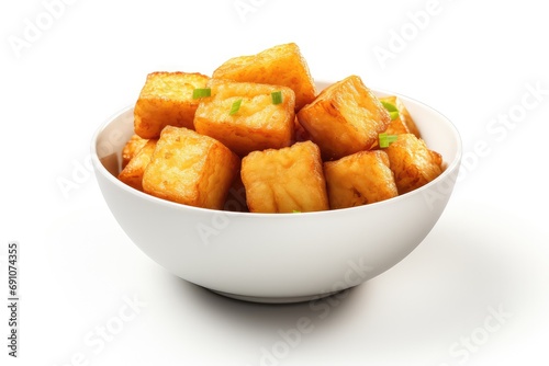 Bowl of crunchy fried tofu isolated on a white background