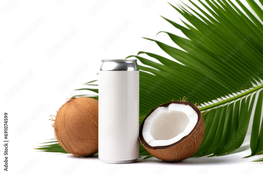 Mockup can for coconut liquid products, with coconuts and palm tree leaf aside, on white background Mockup can for coconut liquid products, with coconuts and palm tree leaf aside, on white background