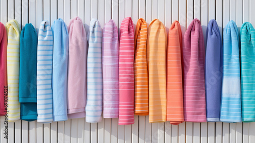 a group of colorful beach towels neatly folded on a pristine white background, representing the anticipation of leisurely days by the water