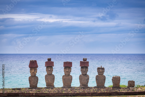 Photos moais on Anakena beach, Rapa Nui, on Easter Island
