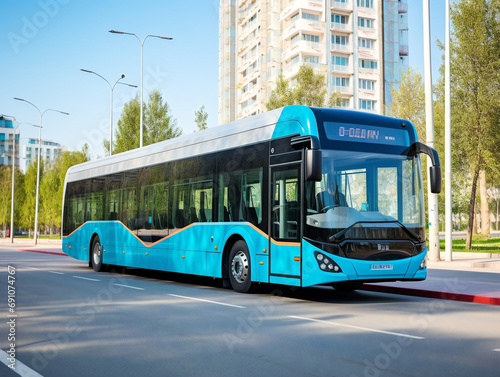 An electric public bus fleet contributes to reduced air pollution in an urban cityscape.