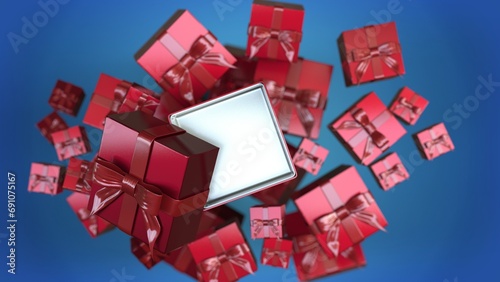 many gifts box flying on a blue background photo