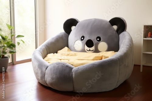 A cute koala puff seat, baby bear grey chair, funny doll sofa, fluffy soft bed, generated by ai. photo