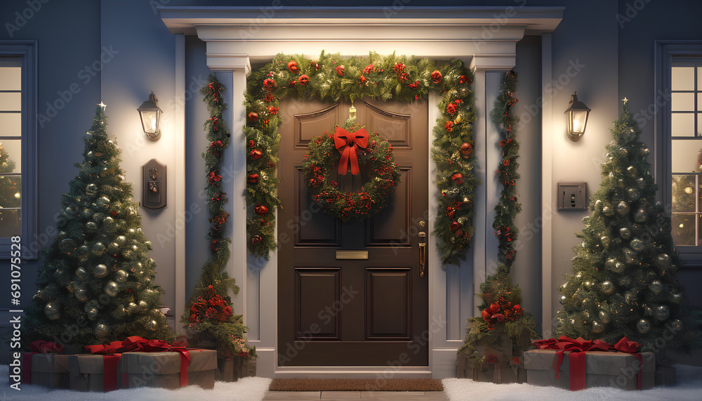 festive season: doors adorned with Christmas trees, generative AI