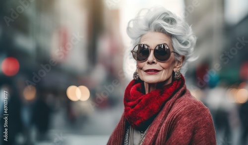 Graceful Winter:.A poised elder lady in a chic red scarf and dark sunglasses, her charm as timeless as her style. Timeless winter fashion concept