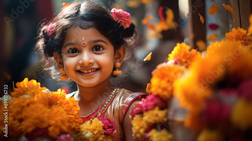 A vibrant portrait of a young child participating in Navami celebrations, their innocent eyes filled with wonder and joy as they hold a floral offering, surrounded by the colorful