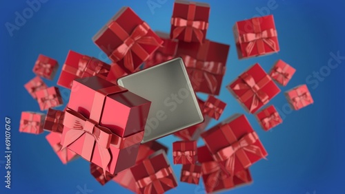 many gifts box flying on a blue background