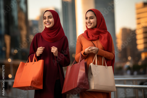 Happy friends in abaya , middle eastern women with shopping bags and talking while shopping. Generative AI photo