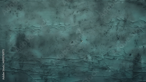 Old concrete wall in a green hue, showing signs of wear and tear. Close-up view of a dark teal, rough background suitable for design