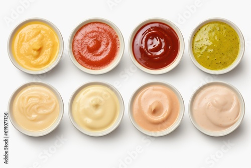Various sauces in bowls isolated on transparent or white background