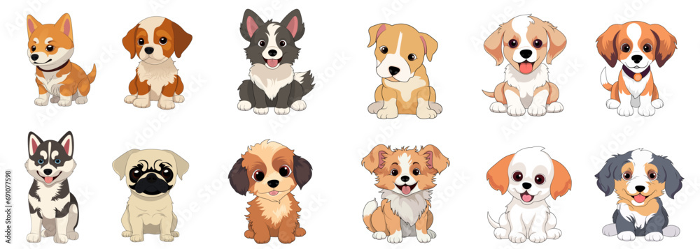 Cute Puppies Dog Breeds Cartoon Vector Clipart