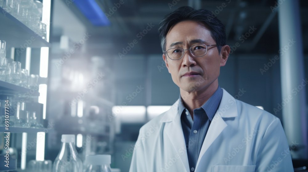 Composed Asian scientist in a lab, reflecting expertise and concentration in medical research Composed Asian scientist in a lab, reflecting expertise and concentration in medical research
