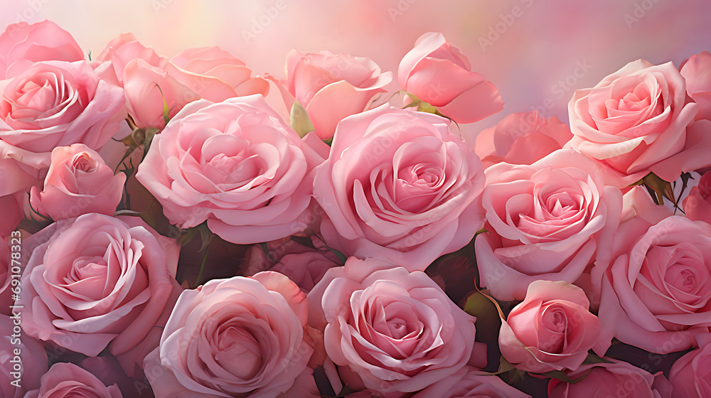 Fototapeta premium The allure of tempting pink roses, bathed in soft morning light. Generative Ai