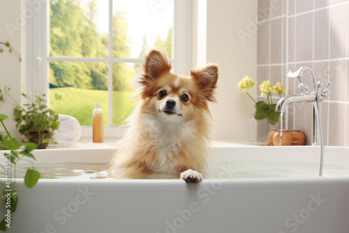 Cute dog is waiting for his owner for a bath in the bathroom photo