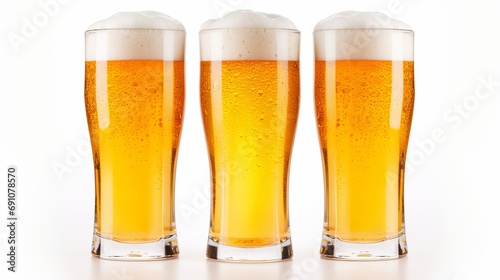 Three Glasses Filled with Beer on a Clean White Surface