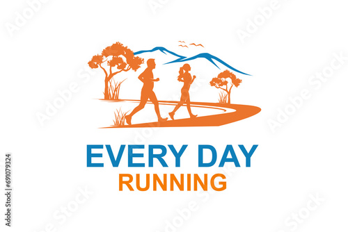 Logo of athlete running marathon outdoors nature view and mountains.