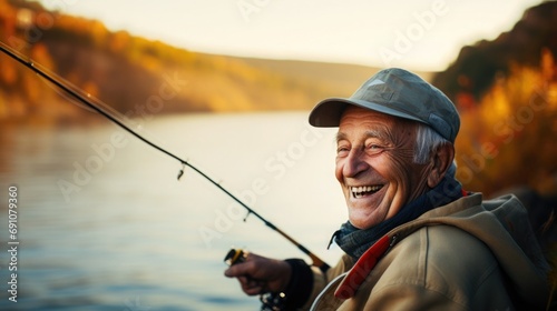 Smiling elderly fisherman catches fish, blurry lake scene at dawn. Conscious longevity.