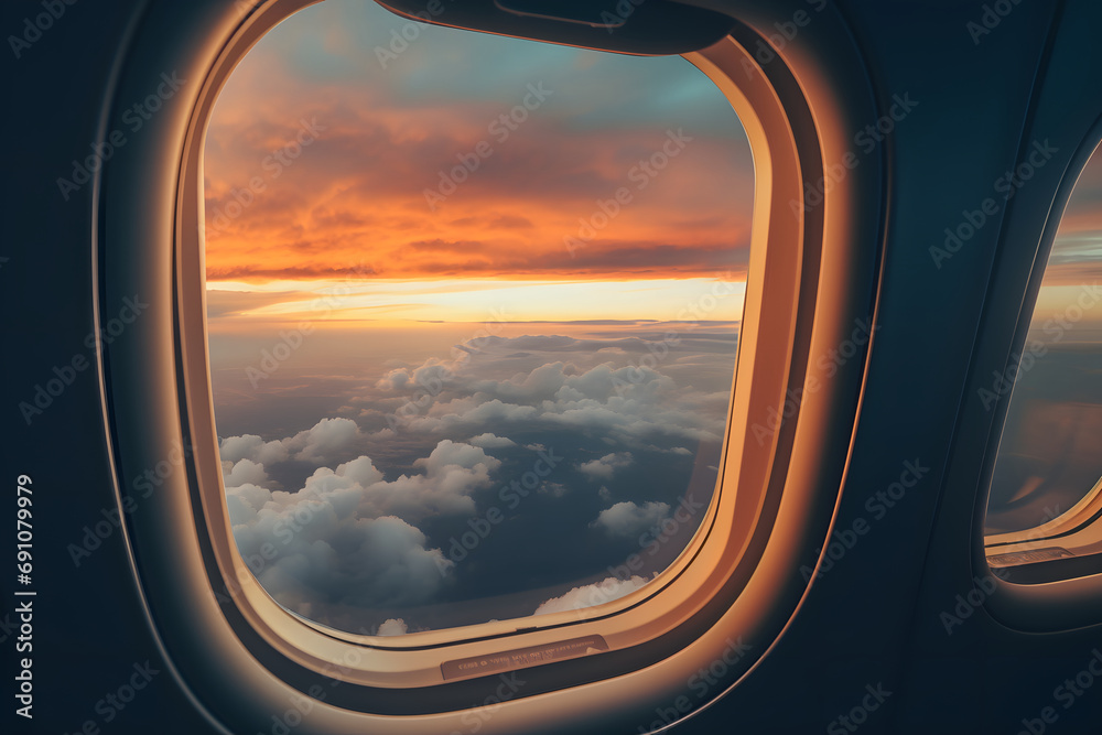 Himmelserwachen: Faszinierender Blick aus einem Flugzeugfenster auf endlose Horizonte Himmelserwachen: Faszinierender Blick aus einem Flugzeugfenster auf endlose Horizonte