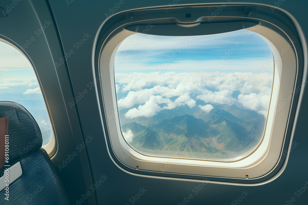 Himmelserwachen: Faszinierender Blick aus einem Flugzeugfenster auf endlose Horizonte Himmelserwachen: Faszinierender Blick aus einem Flugzeugfenster auf endlose Horizonte