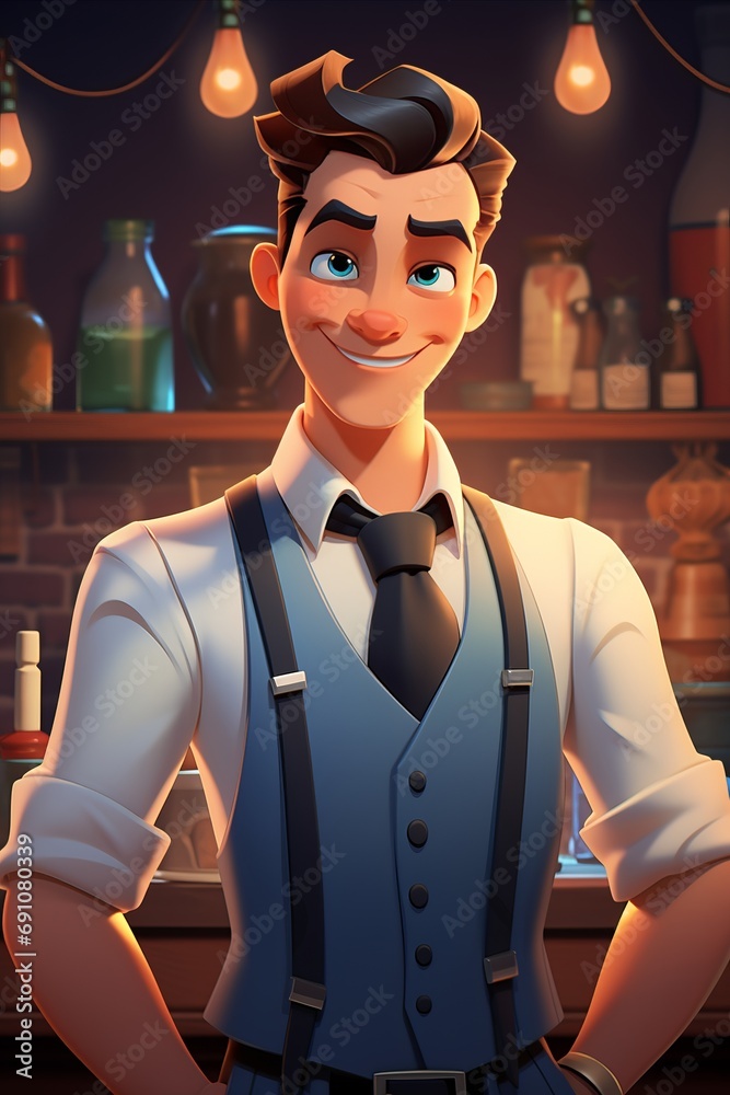 Lively Cartoon Bartender Expertly Mixing and Serving Delicious Drinks at the Colorful Bar Counter