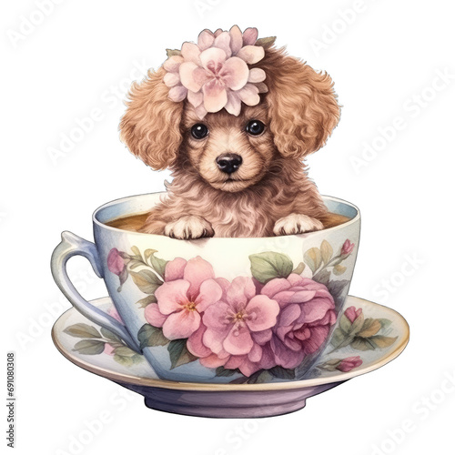 Poodle puppy dog in a vintage floral teacup, isolated on white transparent background