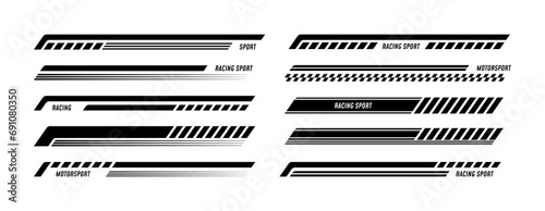 Racing stripes for car tuning pack. Stickers for covering car bodies. Isolated vector illustration on white background.